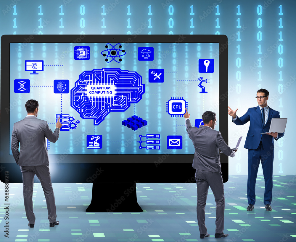 Poster concept of quantum computing with businessman