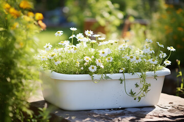 Fototapeta na wymiar garden decoration, a white bucket planted with daisies