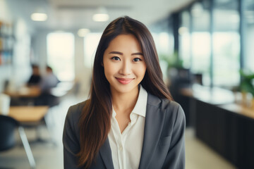 Naklejka premium Asian business woman wearing casual clothes, in the office. happy