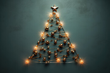 Fancy alternative christmas tree with gold star made of festive garland, colored beads and wire strings on green background, flat lay, top view. Christmas and new year, zero waste concept