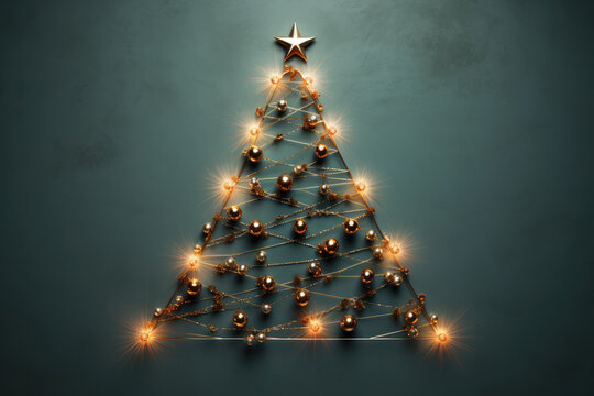 Fancy alternative christmas tree with gold star made of festive garland, colored beads and wire strings on green background, flat lay, top view. Christmas and new year, zero waste concept