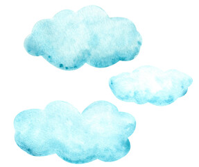 A collection of blue clouds. Hand-drawn watercolor illustration on a transparent background, not AI.