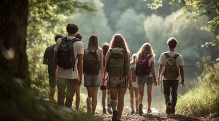 a group of unrecognizable teenagers walking together in nature at a summer camp