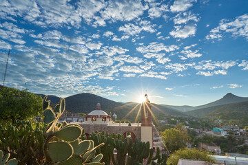 View of San Pedro hill at sunrise in San Luis Potosi, old town like Real de Catorce, Mexico, Magic...
