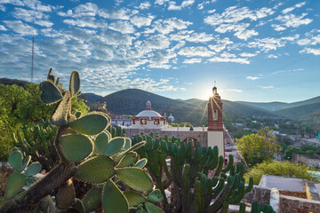 View of San Pedro hill at sunrise in San Luis Potosi, old town like Real de Catorce, Mexico, Magic...