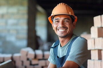 Latin construction worker man, construction material background