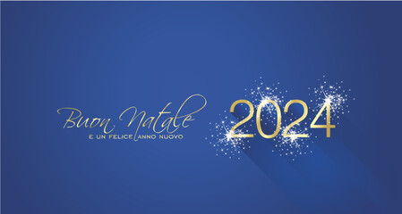 Merry Christmas beautiful calligraphy Happy New Year 2024 Italian language new shape shining firework gold white blue greeting card