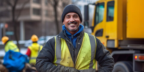 Latino garbage collector with blurred background transportation - obrazy, fototapety, plakaty