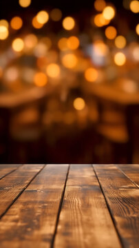 Empty wooden table with blurred lights background.  Space for advertising, brand or product