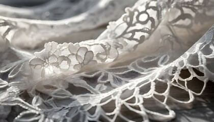 Macro shot of white lace fabric with floral motifs