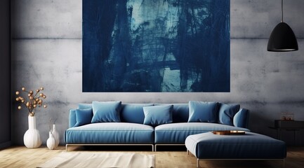 Blue sofa at the middle of room