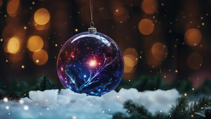Snowy Glow: Christmas Bauble Illuminated with Festive Lights.