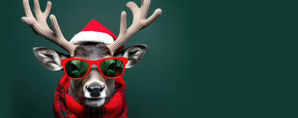 reindeer with glasses wearing santa hat on green background - obrazy, fototapety, plakaty
