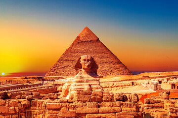 Pyramid of Khafre and the Great Sphinx at dawn.