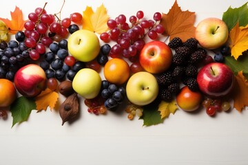 Naklejka na ściany i meble Apples, grapes, blackberries and maple leaves on top of a white background. Thanksgiving Day