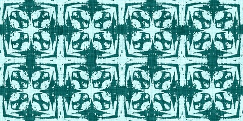 Teal green white vibrant watercolor batik azulejos tile border banner background. Seamless aqua coastal blur linen effect geometric mosaic effect.Boho Patchwork nautical masculine summer ribbon trim. 