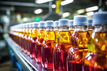Assembly Line Factory with Orange and Red juices in a line created with shallow depth of field