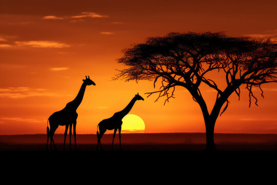 Silhouette of giraffes at sunset in Africa with a tree