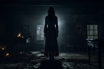 In the haunting silhouette of a possessed woman, her contorted and ethereal figure stands in the heart of a dimly lit, ominous room, where the flickering candlelight casts eerie, dancing shadows
