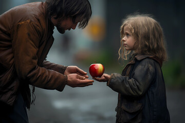 "In a heartwarming act of kindness, a compassionate young girl extends a ripe apple to a homeless man, her face illuminated by the glow of empathy