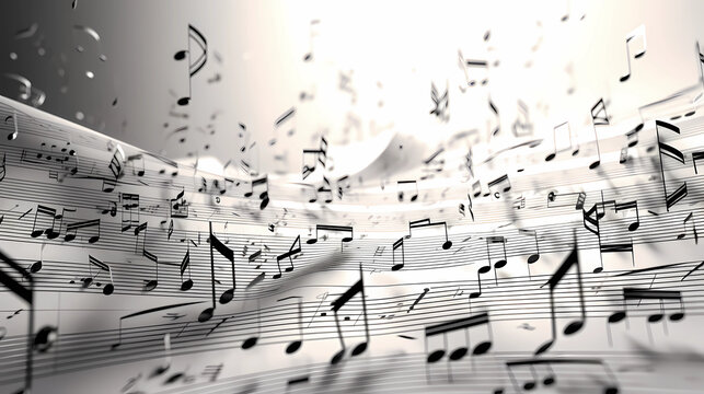 Musical notes, like ethereal butterflies, seem to take flight, delicately lifting off a page of sheet music, each symbol a gateway to a symphonic world