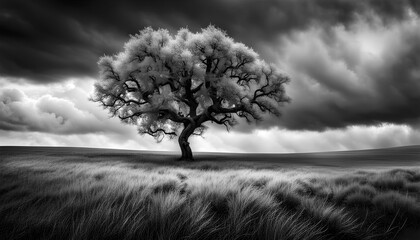 monochrome image of a mysterious bare twisted tree in a dark cloudy atmospheric landscape - obrazy, fototapety, plakaty