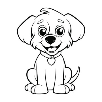 Cute puppy coloring page line art vector, happy cartoon dog sitting illustration, black and white animal outline for kids activities