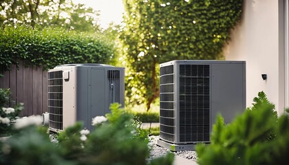 Air source heat pump installed outdoors at a residential building