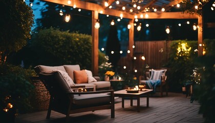 Fototapeta na wymiar Garden lights illuminating the patio of a beautiful suburban house on a summer evening