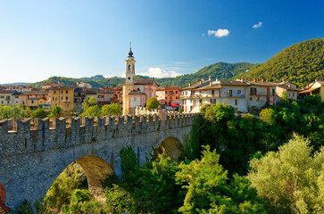 Fototapeta na wymiar Dronero, devil's bridge, the main village in the Maira Valley, near Cuneo, Italy
