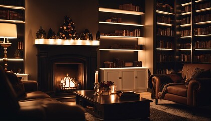 Warm fire in fireplace room: Surrounded by bookshelves and comfortable armchairs