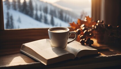 Snowy landscape view from vintage windowsill: Winter still life with hot coffee and book