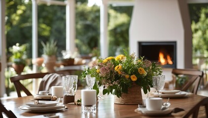 Fototapeta premium Outdoor deck access from sunny dining space with fireplace