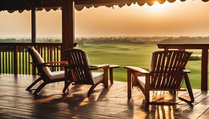 Fototapeta premium Three armchairs on wooden veranda at resort: Tranquil sunrise view over golf course