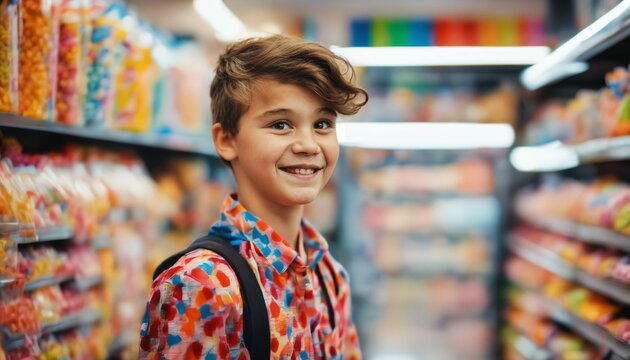 Teenager in candy shop with colorful outfit and smile