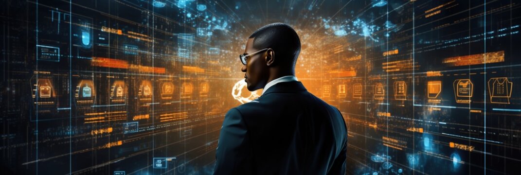 African American IT Businessman Working in Data Center Network Powered by Futuristic Artificial Intelligence Systems