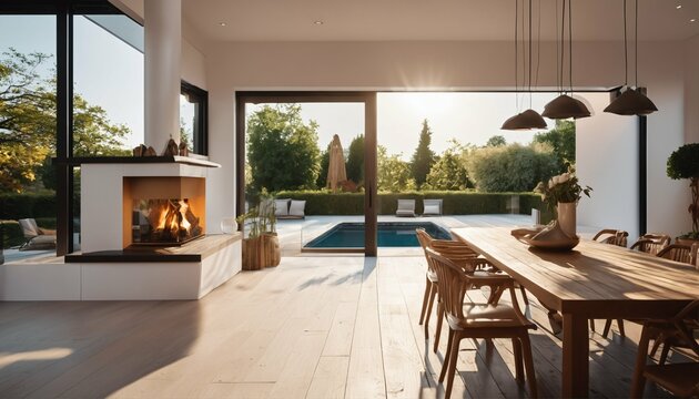 Sunny dining space: Features fireplace and outdoor deck access