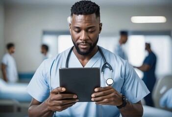 Black male nurse in hospital using digital tablet while looking at screen