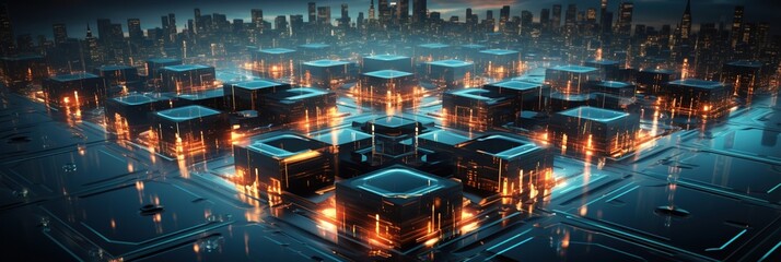 Fototapeta premium Artificial Intelligence AI Processor Security Machine - Fiber Optics Nano Technology Widescreen Panorama Background