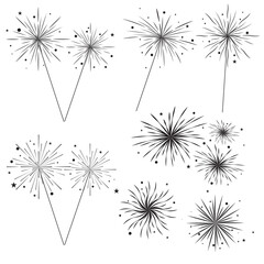 Firework icons set . Fireworks with stars and sparks isolated on white background. Firework simple black line icons isolated on transparent background