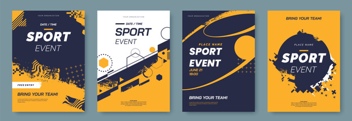 Sport Event poster template. Abstract geometric background with digital glitch elements and grunge texture. Ideal for fitness, sport, or cybersport events invitation. Vector illustration.