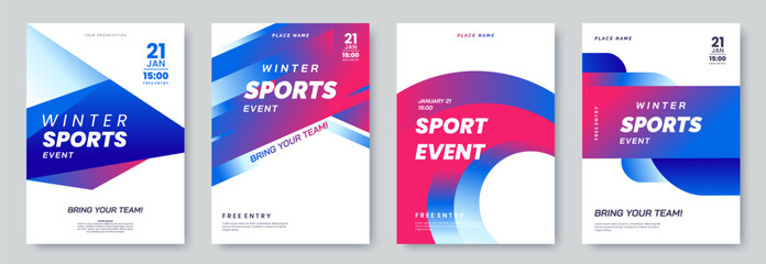 Winter sport festival poster template collection. Sports background with abstract geometric graphics and place for text. Winter outdoor event banner. Vector illustration - obrazy, fototapety, plakaty