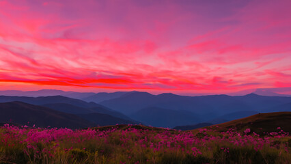 Malerischer Sonnenuntergang: Rote, rosa und orange Himmel über lila Bergen