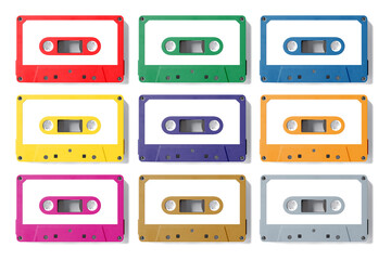 3D Illustration. Colored cassette tape mockup isolated on white background.