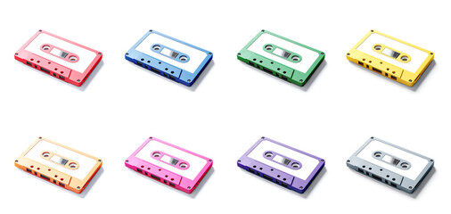3D Illustration. Colored cassette tape mockup isolated on white background