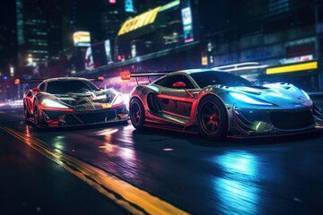 Two fast sports cars in a head to head race at night in a city.