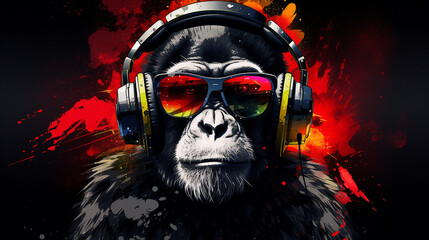 Cartaz legal da música do DJ do fone de ouvido do macaco - obrazy, fototapety, plakaty