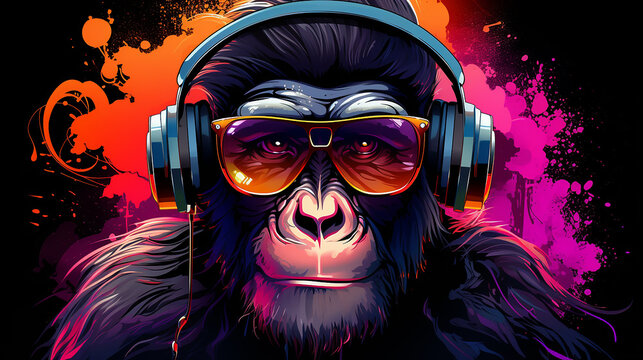 Cartaz legal da música do DJ do fone de ouvido do macaco