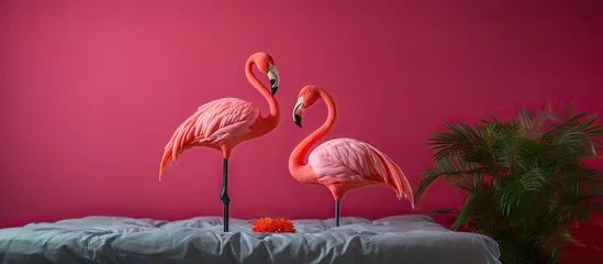 Badkamer foto achterwand Fake flamingo near the fence on a bed © AkuAku