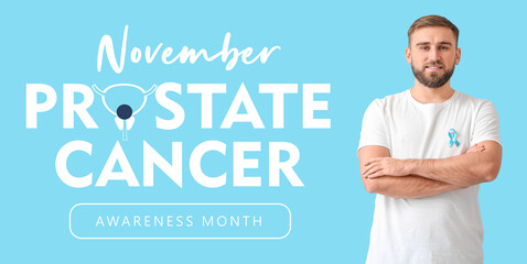 Man with ribbon on light blue background. November is a Prostate Cancer Awareness Month